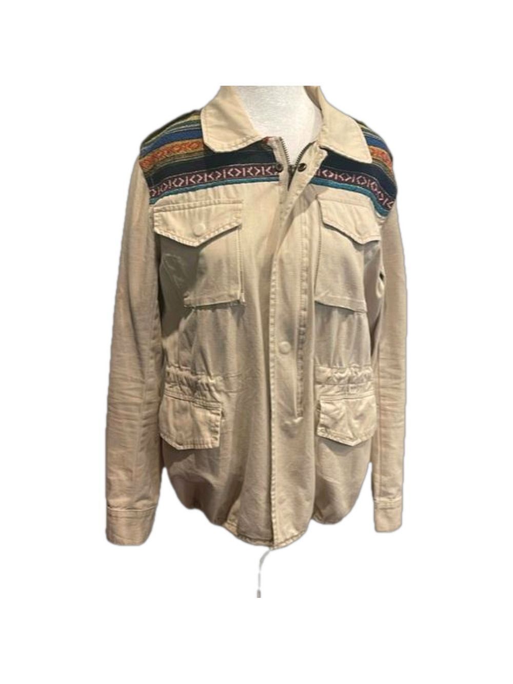 Nameless M khaki safari jacket with weaving instructions on shoulders